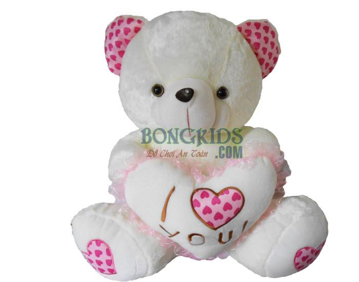 Gấu bông ôm tim chữ màu trắng - bongkids.com