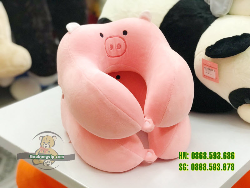 Gối cổ chữ U vuông thú màu hồng