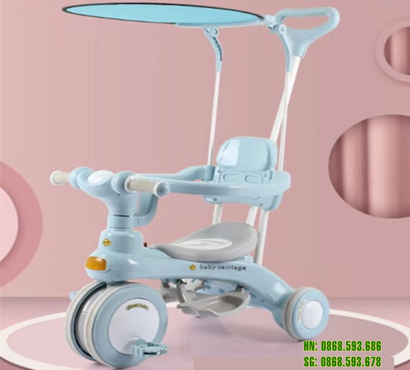 Xe đạp 3 bánh trẻ em 688 có mái màu xanh