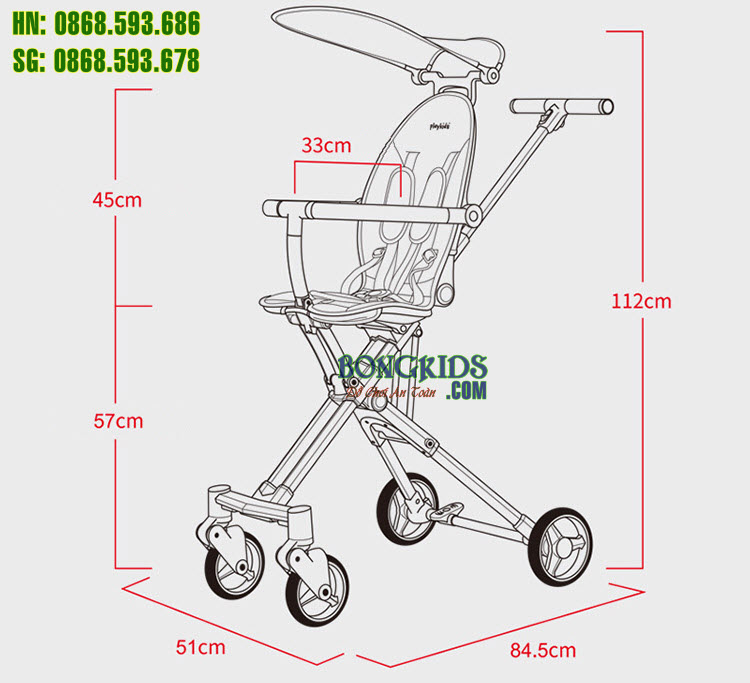 Xe đẩy thông minh 4 bánh gấp gọn X6 - chiều cao khi xe mở